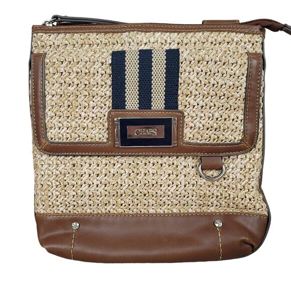 Crossbody Purse CHAPS Straw Vegan Faux Leather Cloth Strap Metal Logo Slim - Picture 1 of 16